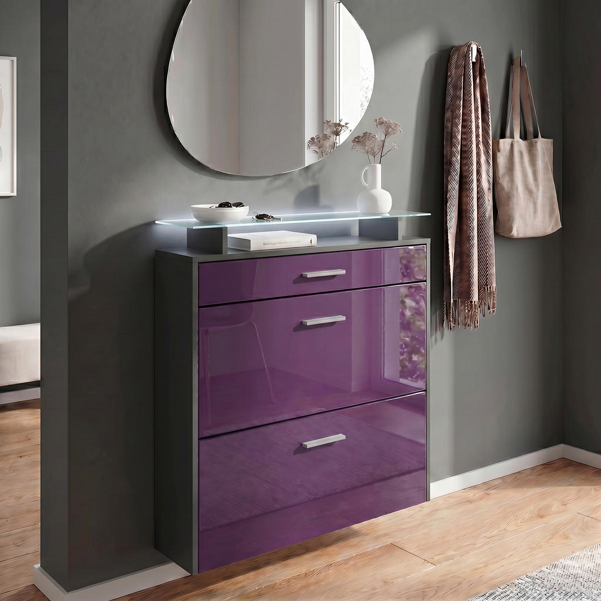SCHUHSCHRANK Malea Fronten in Brombeer Hochglanz - Brombeere, Holzwerkstoff (89/96/23cm) - Vladon
