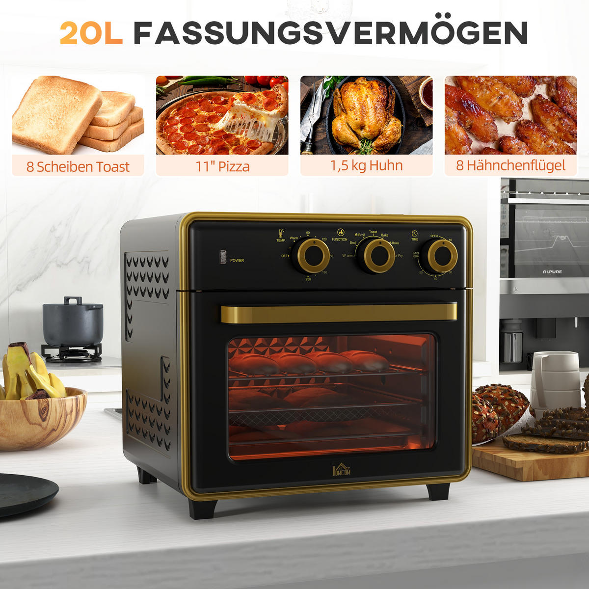 MINIBACKOFEN 20L 1400W Elektrobackofen mit 3 Einschubpositionen, Temperatur 90-230°C, 60 Min. Timer, Schwarz - Schwarz, Metall (36/34.5/37.7cm) - Beaface