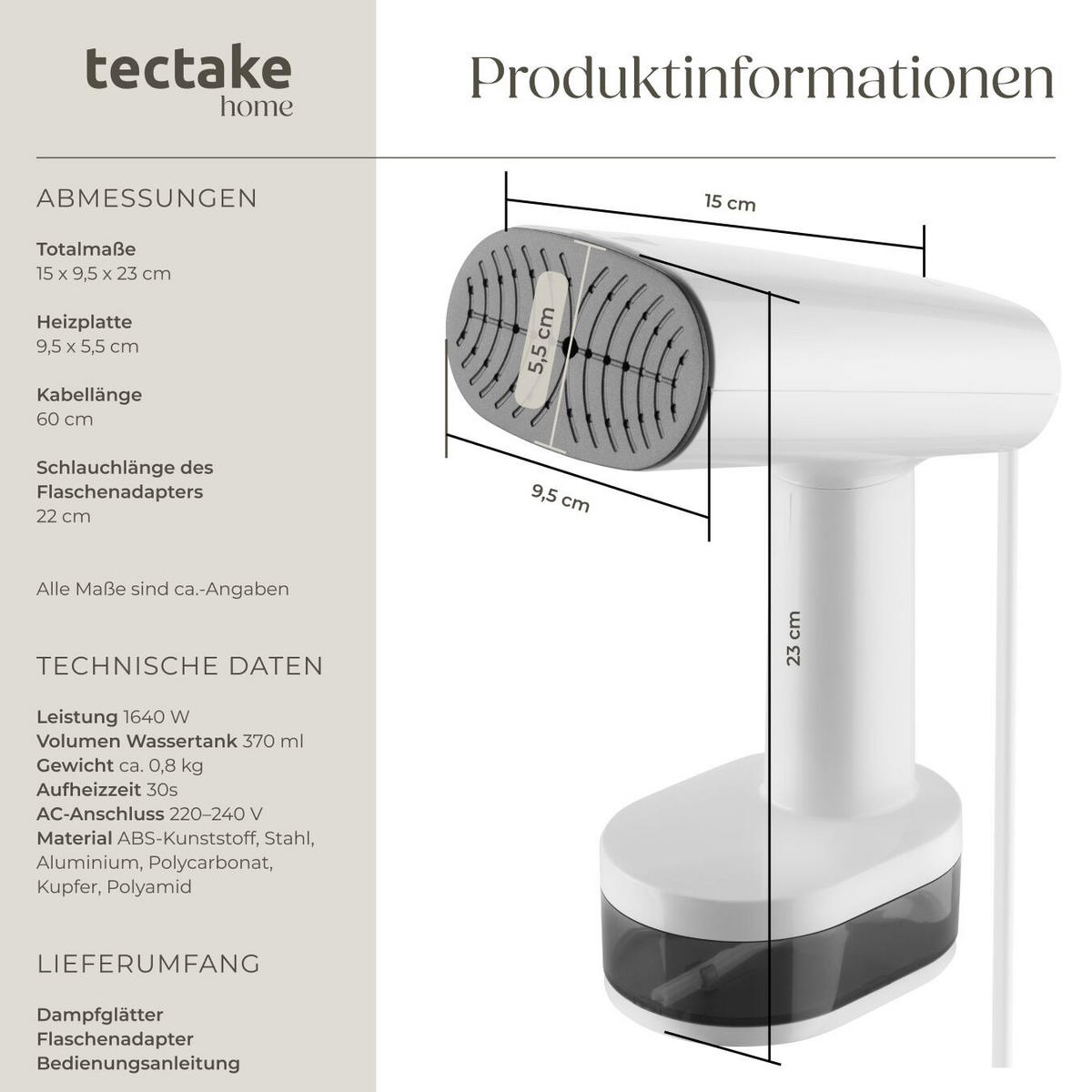 DAMPFGLÄTTER , LCD-Display, 15 x 9,5 x 23 cm, weiß - Weiß, Kunststoff (9.5/23/15cm) - tectake