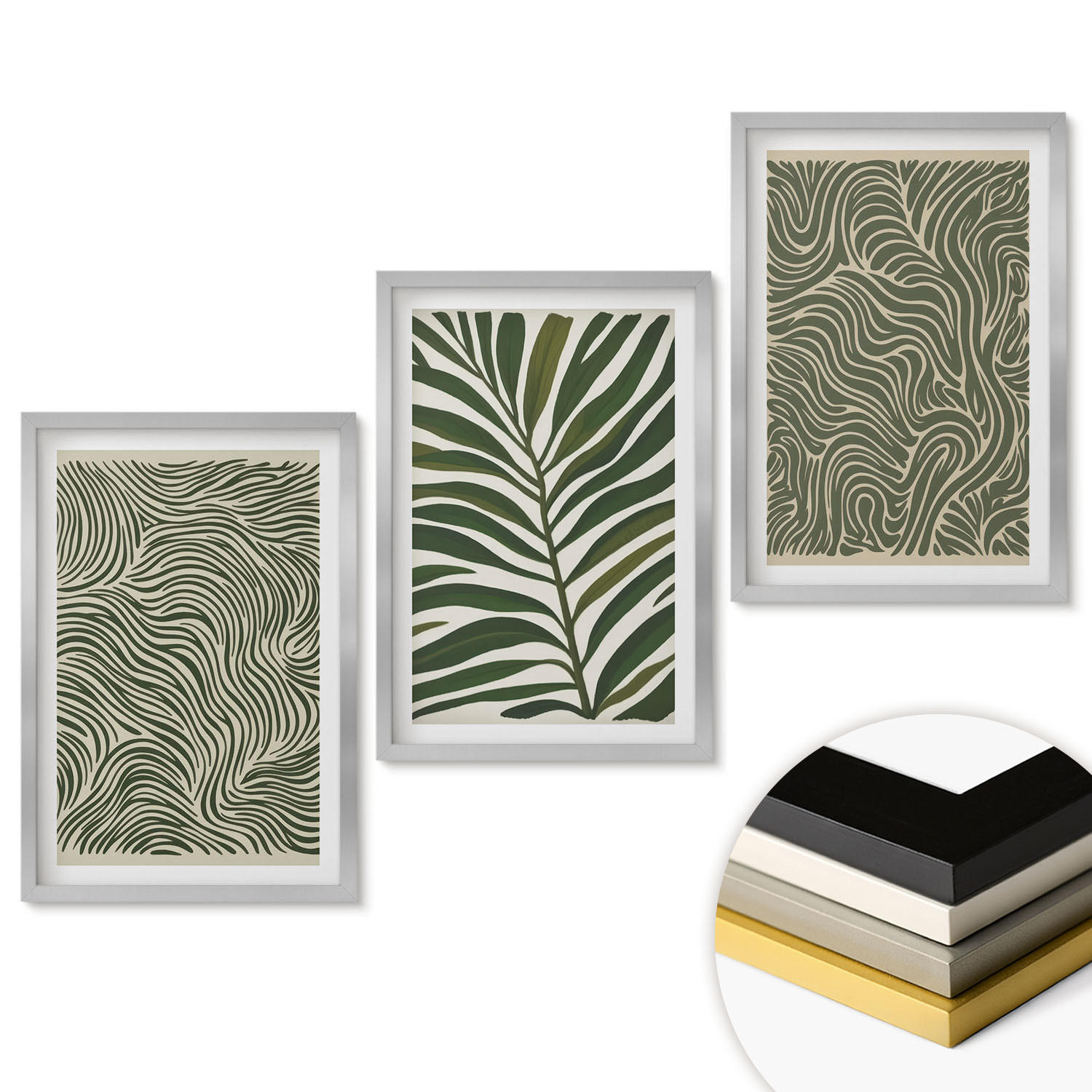 WANDBILDER 3er Set - 40x60 cm Silberner Rahmen - Blattmuster wellenförmige Formen - Silberfarben, Kunststoff (40/60cm) - ArtPrintCave