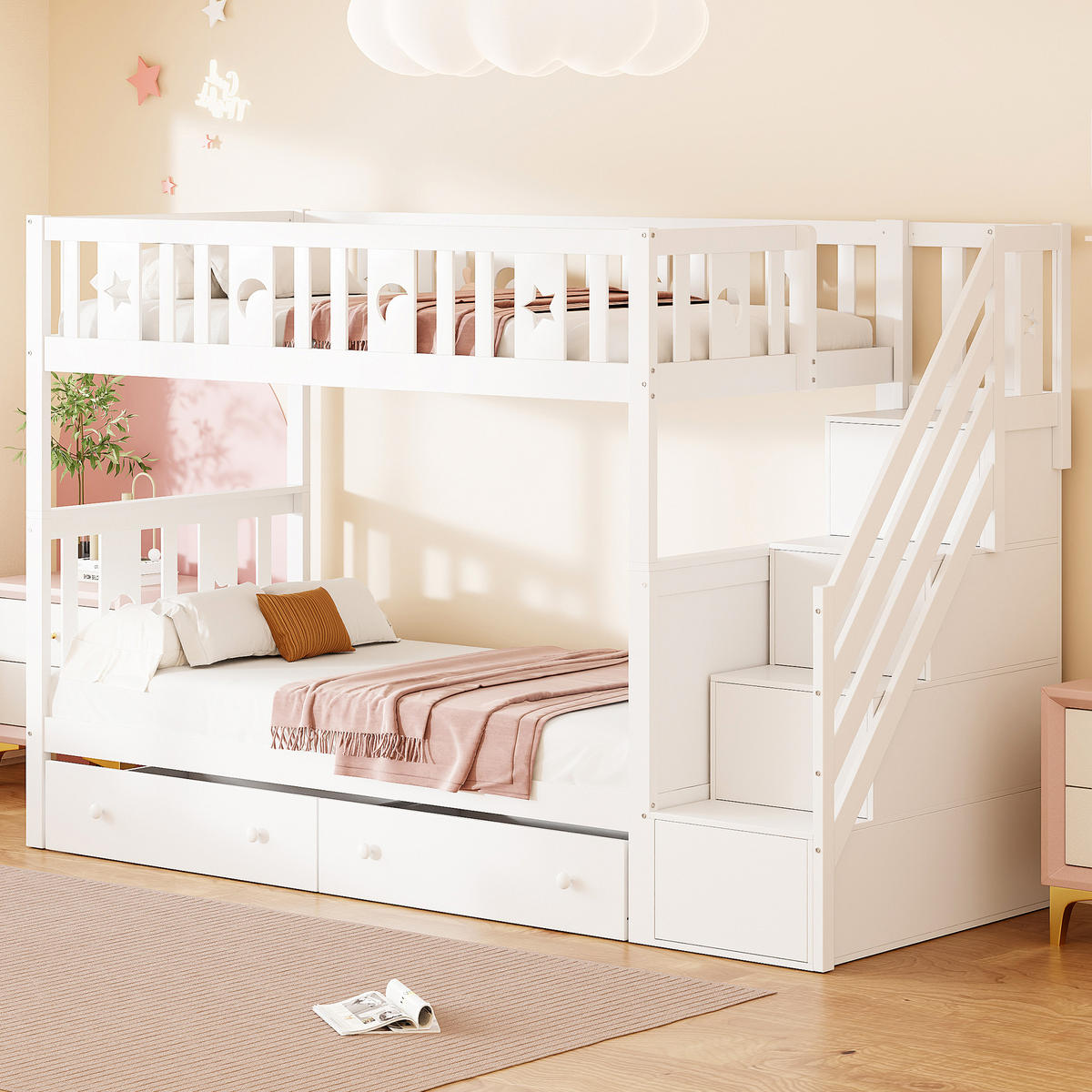 ETAGENBETT 90/200 cm Weiß aus Massivholz mit Stauraumtreppe und Lattenrost - Weiß, Holz (90/200cm) - OKWISH