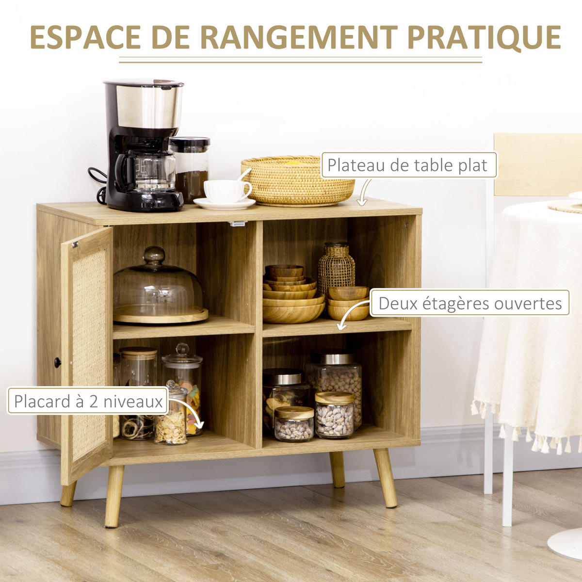 SIDEBOARD Holzoptik mit Rattan-Geflecht, 80/39/70 cm - Naturfarben, Holz (80/70/39cm) - PANGIVO