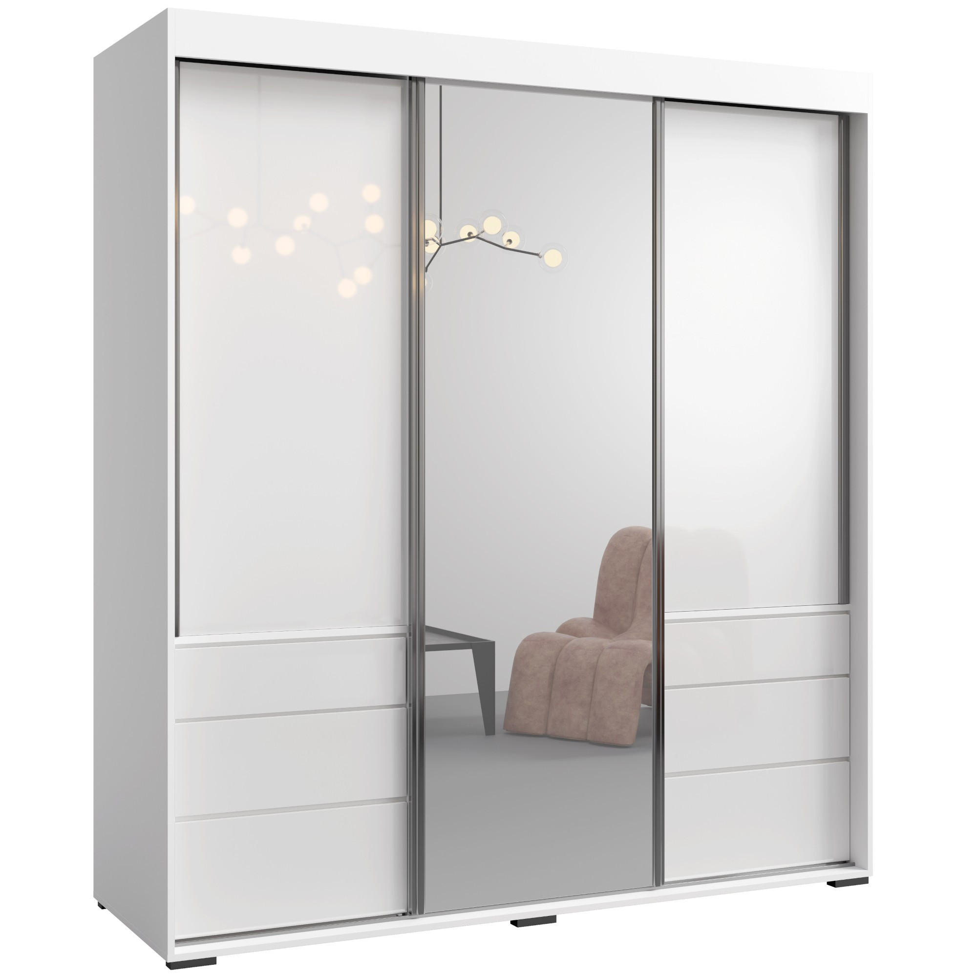 SCHIEBETÜRENSCHRANK mit Schubladen und Spiegel Torino 3D1L 180 Weiß (Lacobel) - Silberfarben/Weiß, Holzwerkstoff/Metall (180/204/65cm) - mzm24