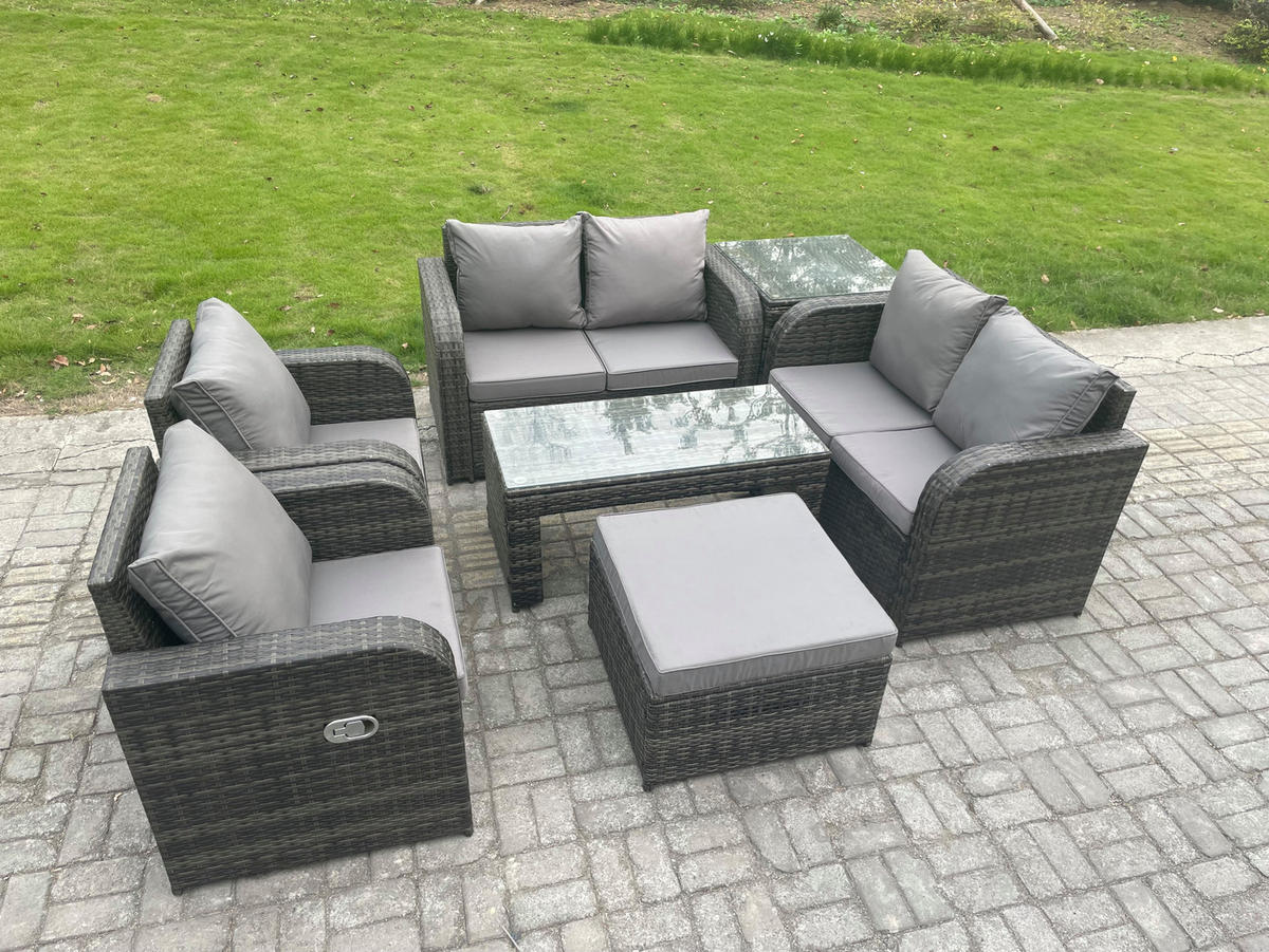 GARTENSOFA SET mit LIEGESTUHL Polyrattan 7-Sitzer Dunkelgrau - Dunkelgrau/Grau, Glas/Kunststoff - Fimous