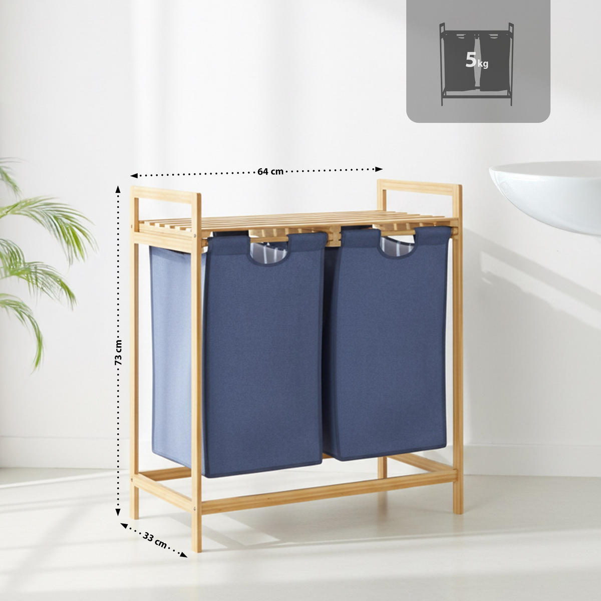 WÄSCHEBOX Halle 2 Fächer je 33 Liter 64x33x73cm Holz Natura Wäschesammler - Naturfarben, Holz (64/73/33cm) - DELUKE
