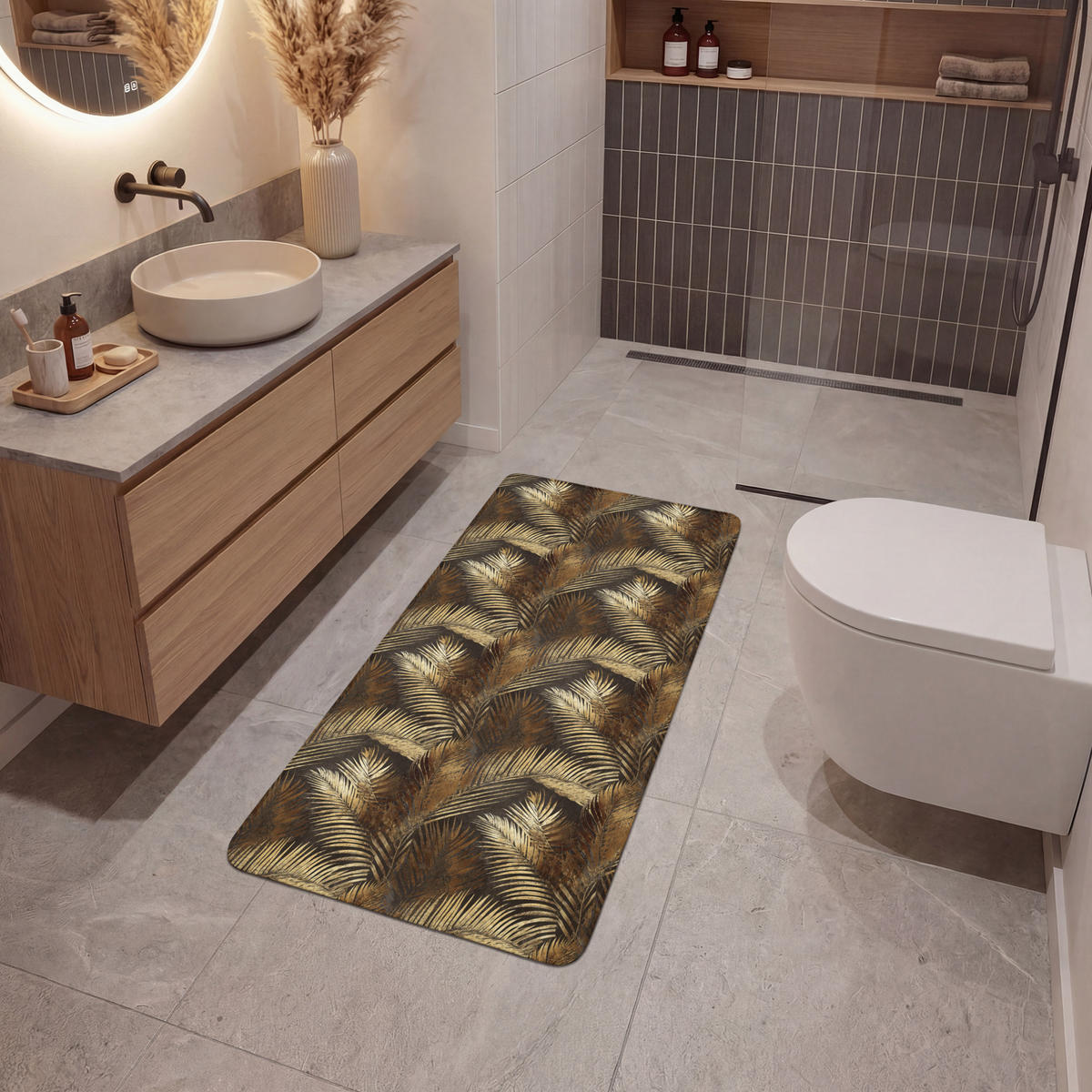 KOUPELNOVÁ PŘEDLOŽKA Tropical - Listy - zlaté 60x120 cm - zlatá, textil/plast (60/120cm)
