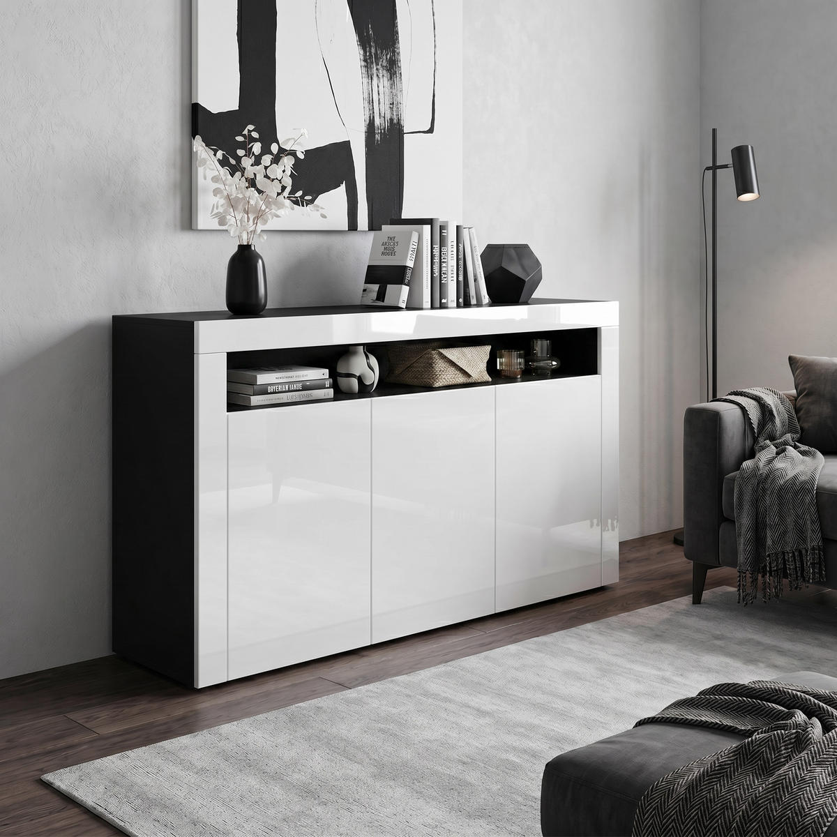 SIDEBOARD Valencia Weiß Hochglanz / Weiß Hochglanz - Weiß Hochglanz, Holzwerkstoff (155/92/40cm) - Vladon