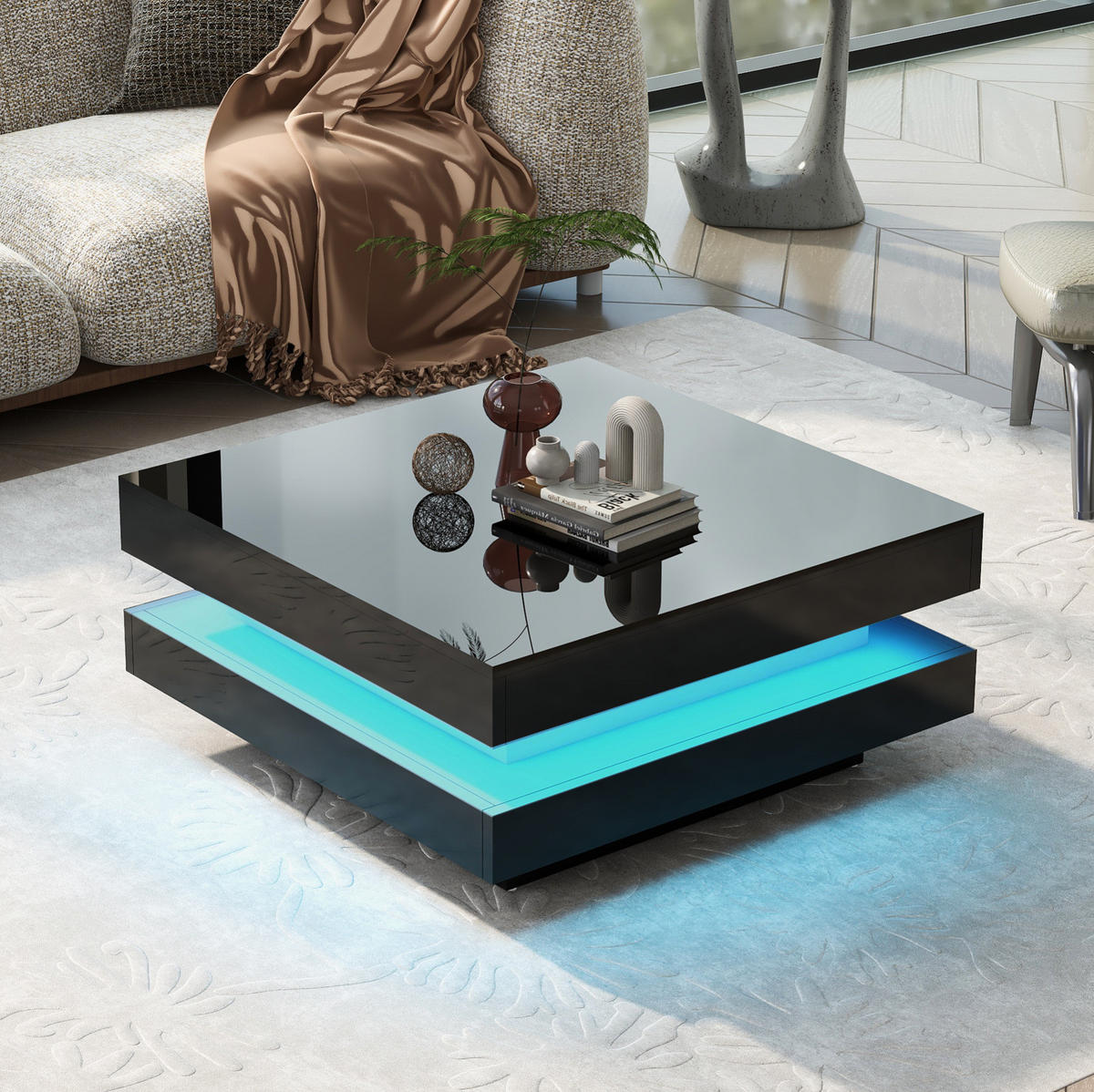 COUCHTISCH 70/70/36 cm Schwarz mit LED-Beleuchtung und Bluetooth-App-Steuerung - Schwarz, Holzwerkstoff (70/70/36cm) - OKWISH