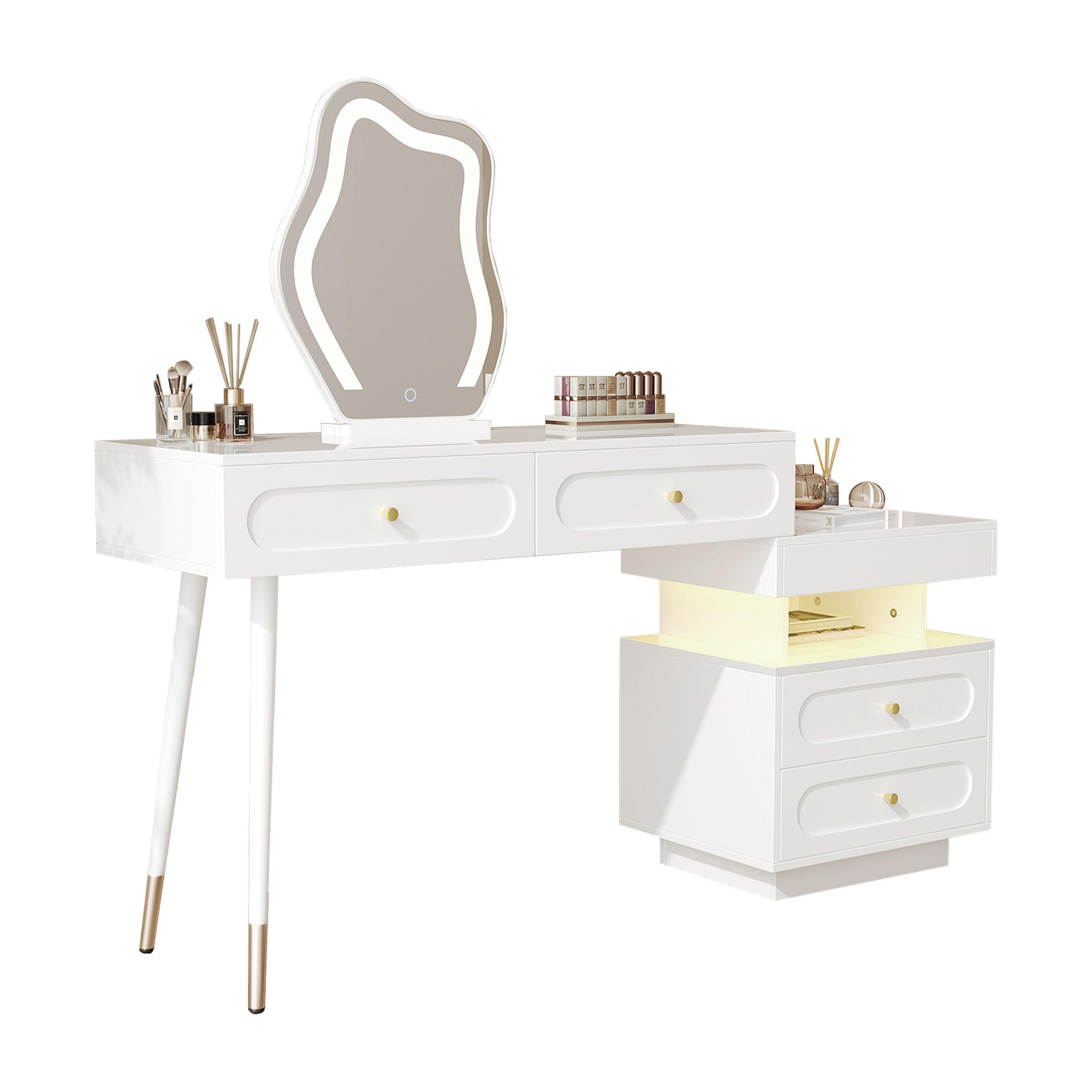 SCHMINKTISCH-SET mit LED-Spiegel & Beleuchtung Weißes - Weiß, Glas/Holzwerkstoff (140/130/40cm) - Urban Meuble