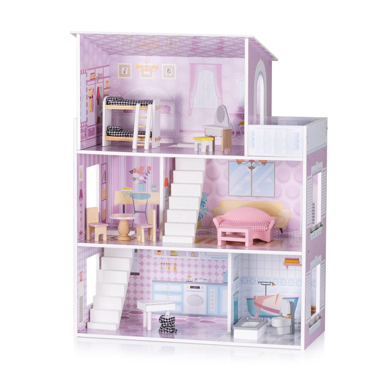 PUPPENHAUS DIWH02407 rosa 61 x 30 cm, MDF, 12-teiliges Möbel-Set, 3 Etagen, ab 3 Jahren - Rosa, Holz (30/61/79cm) - Chipolino