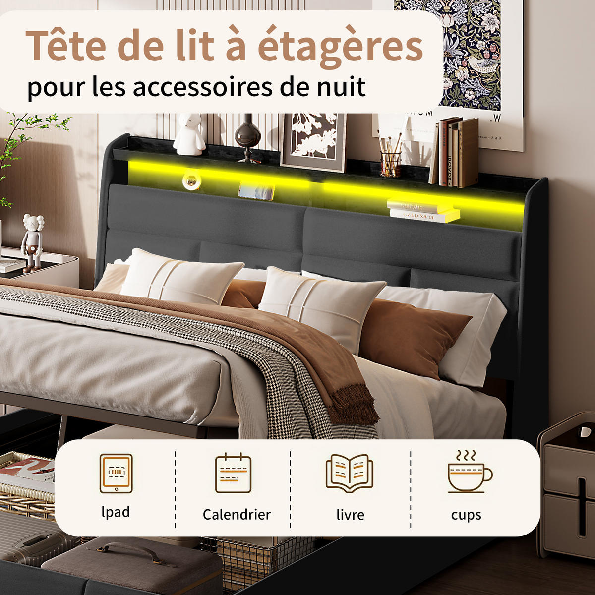 POLSTERBETT 140x200 cm, Schwarz, mit Lattenrost & Stauraum, Doppelbett mit LED, Kunstleder - Schwarz, Textil/Metall (140/200cm)