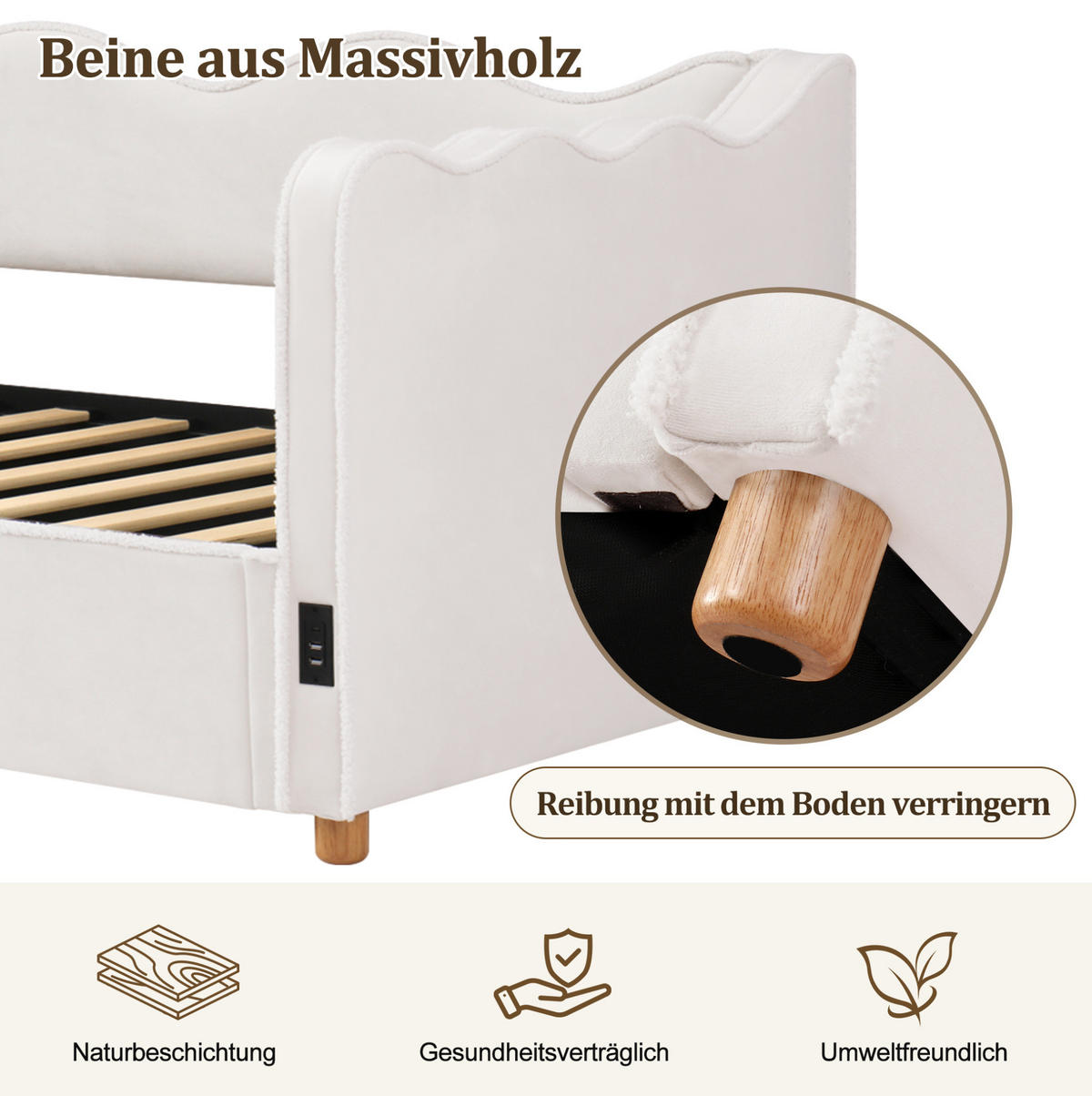 POLSTERBETT 90/200 cm aus Samt mit hydraulischem Stauraum und USB-Anschluss Beige - Beige, Textil (90/200cm) - Modenvie