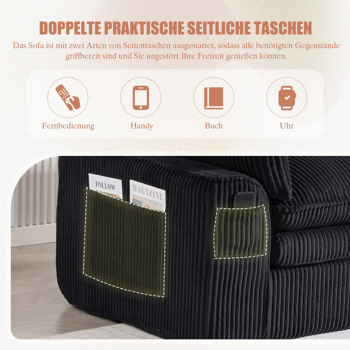 2-SITZER SOFA Cord Schwarz mit Kissen und Seitentaschen - Schwarz, Textil (191/85/94cm) - WISHDOR