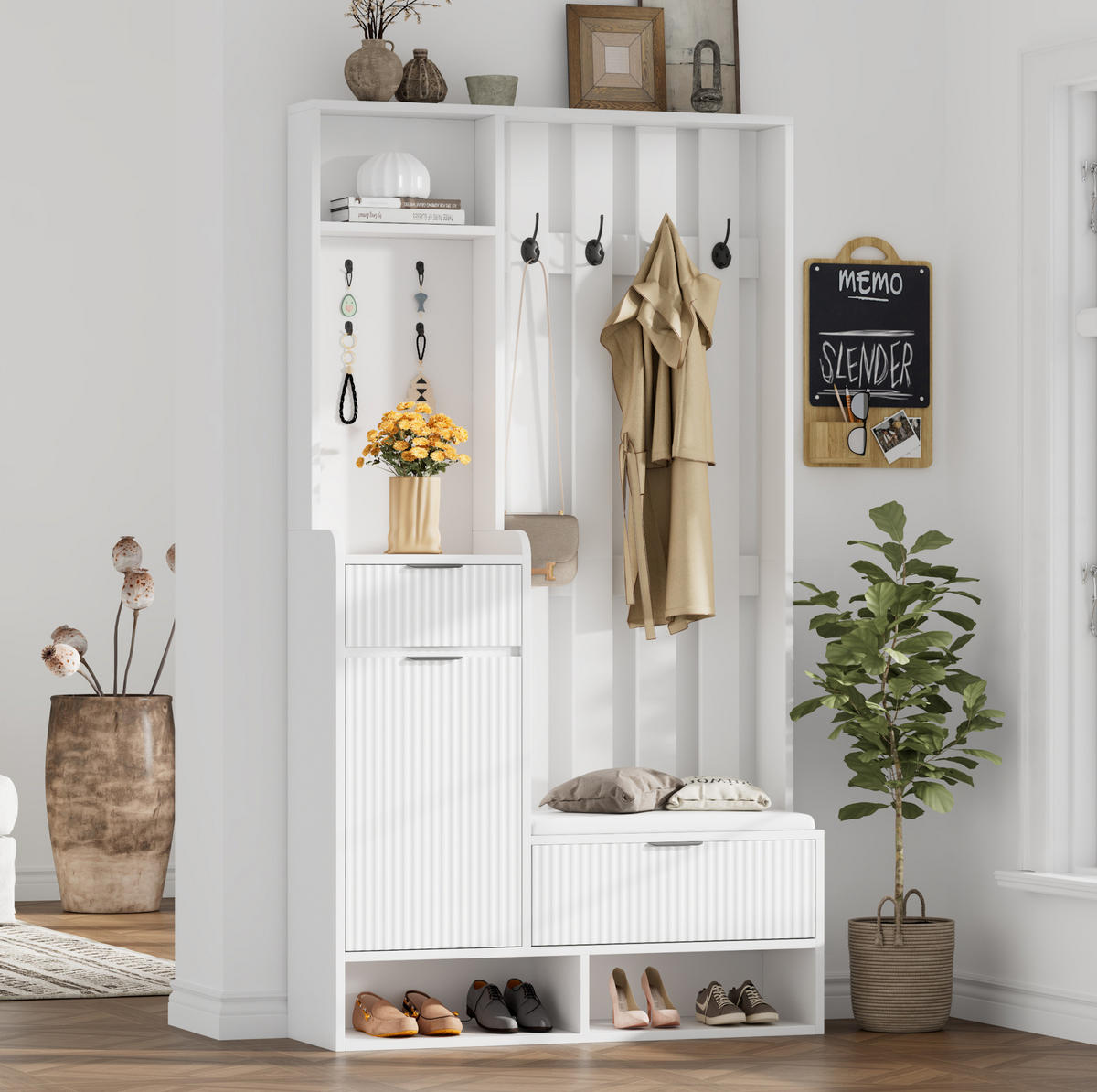 GARDEROBE 6-in-1 mit Sitzbank 100 x 30 x 180 cm Weiß - Weiß, Holzwerkstoff (30/180/100cm) - Beauniv