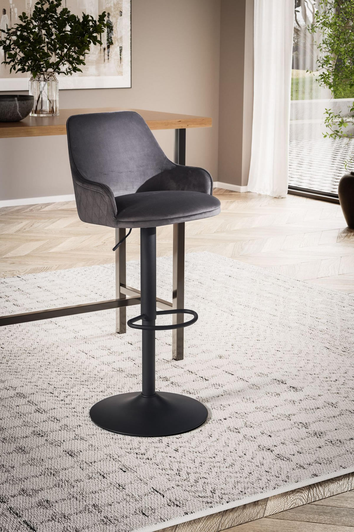 BARHOCKER Samt Lehne Höhenverstellbar Trompetenfuß Armlehne Gepolstert, Grau 45x45x106 cm - Schwarz/Grau, Textil/Metall (45/106/45cm) - KADIMA DESIGN