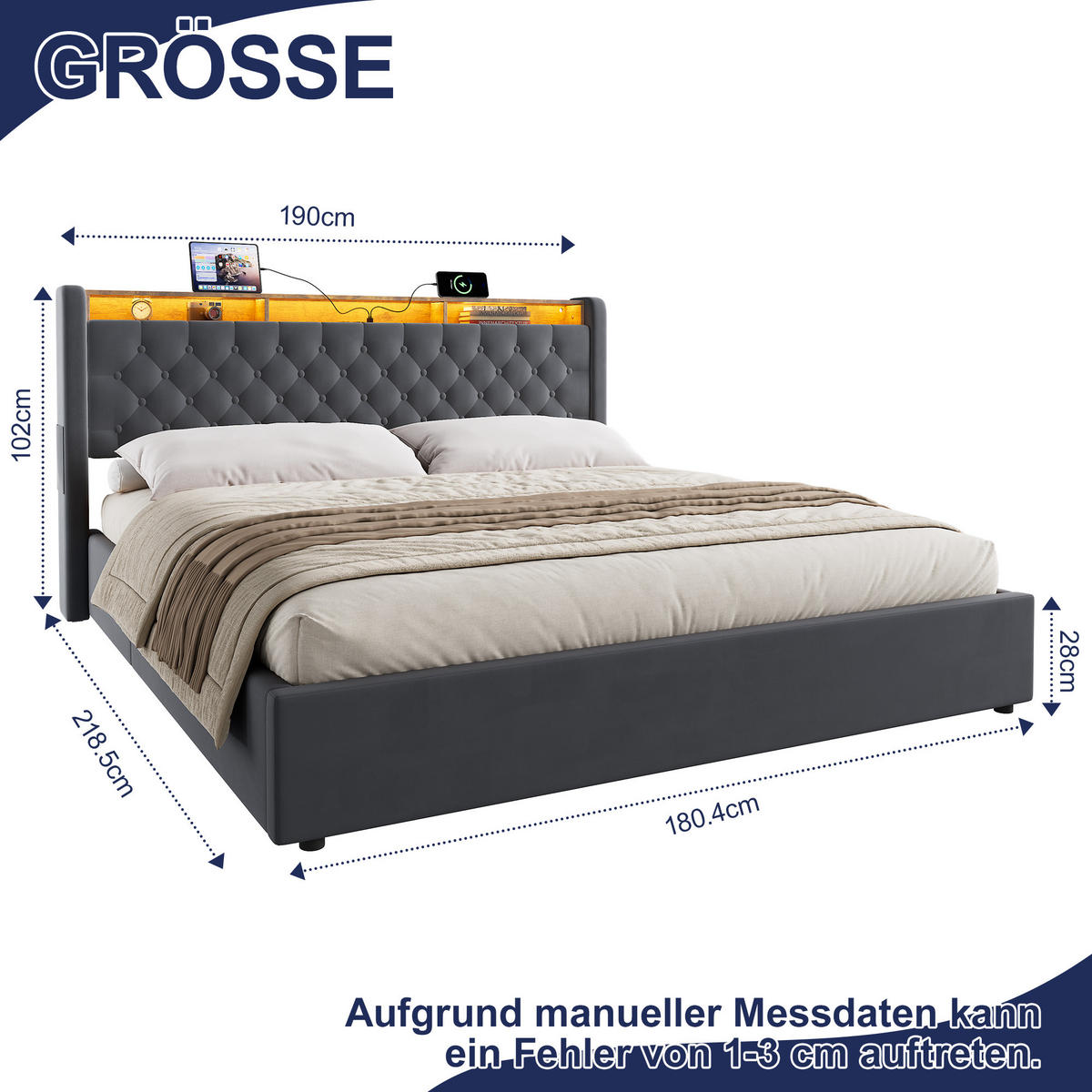 POLSTERBETT 180/200 mit Matratze und Bettkasten und Stauraumbett mit Schubladen und LED Funktionbett in Grau - Grau, Holzwerkstoff/Textil (180/200cm) - STILVORA