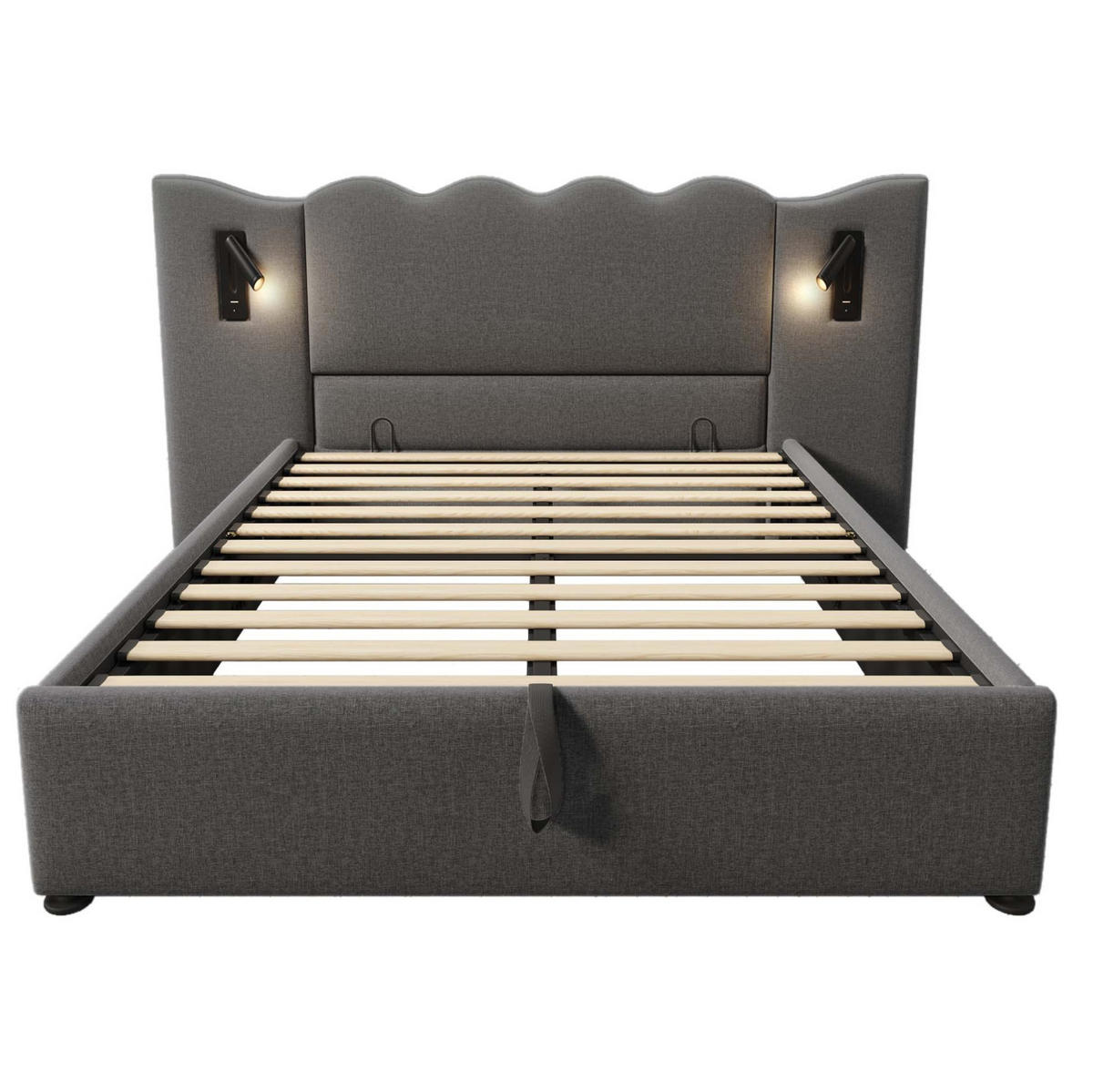 POLSTERBETT aus Leinen 160x200 cm Grau mit Bettkasten, Leselampe und USB-/Type-C-Anschlüssen - Grau, Textil (160/200cm) - IVMEU