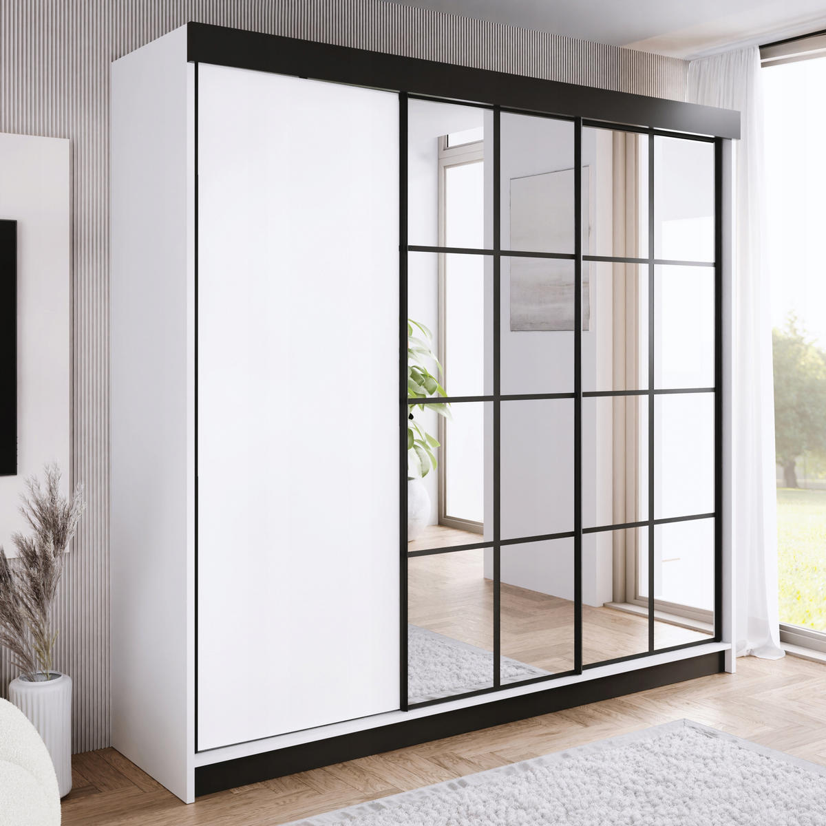 POSUVNÁ ŠATNÍ SKŘÍŇ ARI 2 se zrcadlem 250 - Bílá - bílá, kompozitní dřevo (250/200/62cm) - Kier Furniture