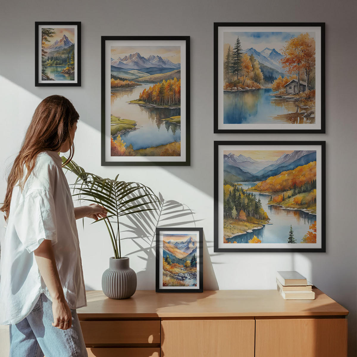 BILDER SET 5er Set - 50x50 cm & 20x30 cm & 40x60 cm Schwarzer Rahmen - Berglandschaft mit einem Fluss - Schwarz, Kunststoff (40/60cm) - TULUP