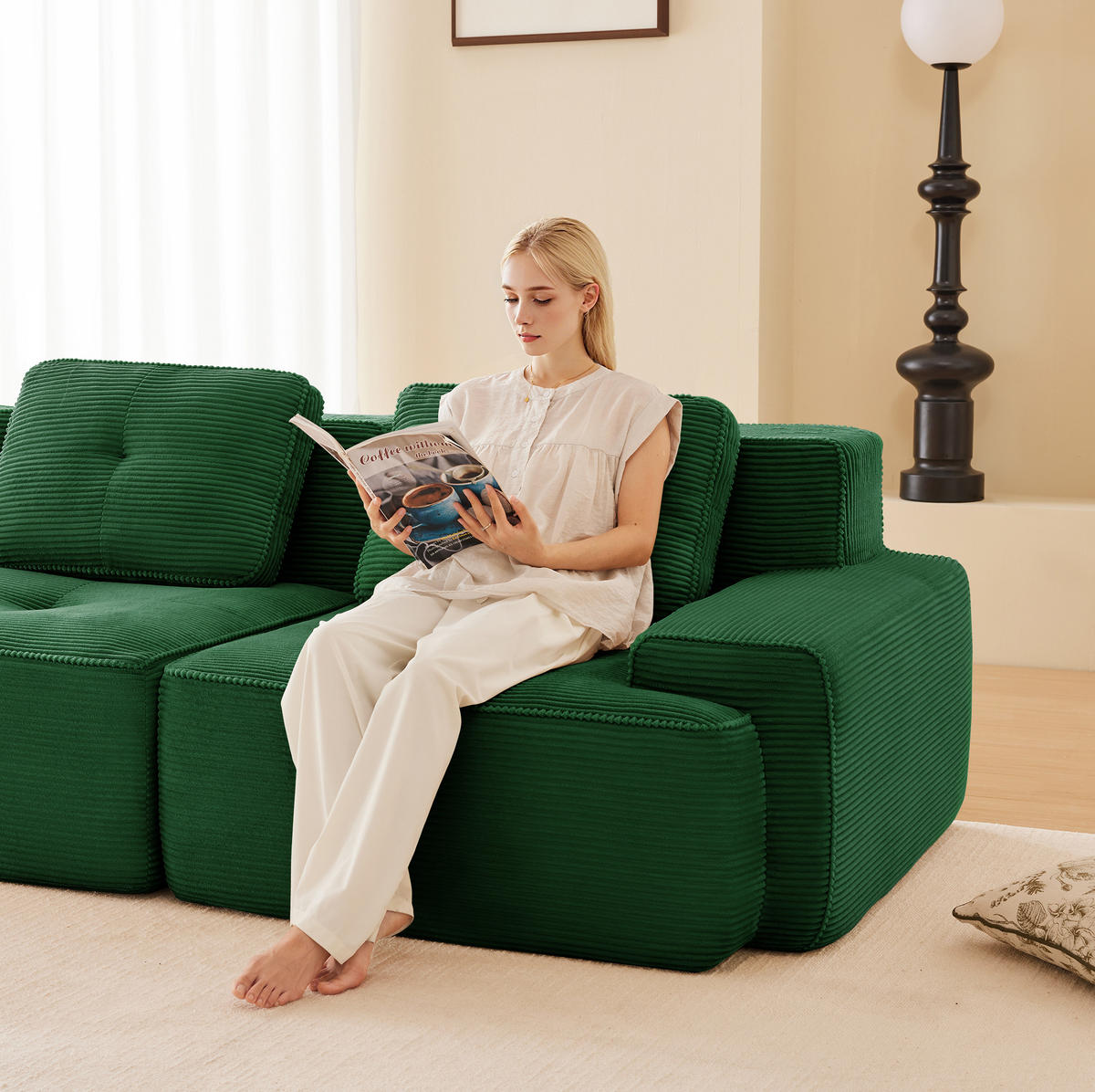 MODULARES Ecksofa aus Cord mit tiefem Sitz und rutschfestem Standfuß Grün - Grün, Textil (104/177cm) - Modenvie