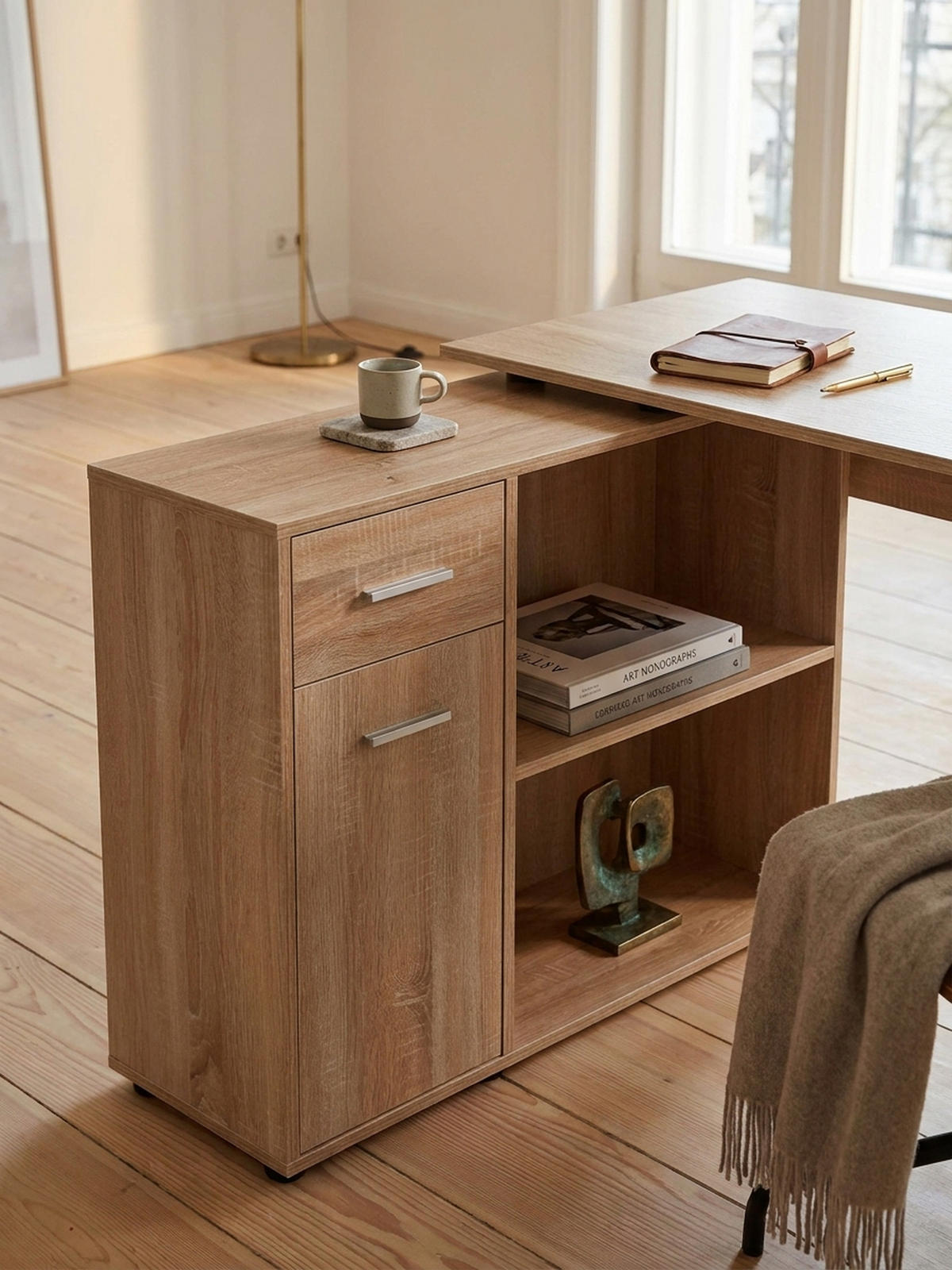 SCHREIBTISCH mit Regalplatte – flexibel aufstellbar, melaminbeschichtet, Sonoma, 120x107x75 cm - Beige/Braun, Holz/Kunststoff (107/120/75cm) - KADIMA DESIGN
