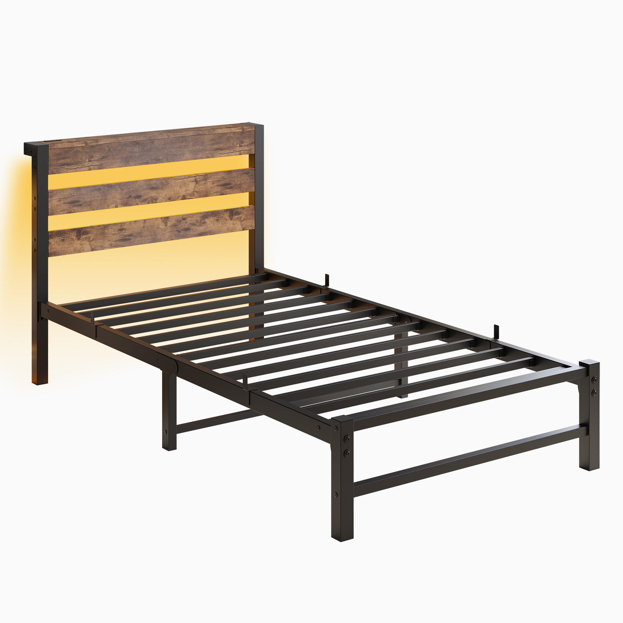 METALLBETT 90/200 cm in Schwarz & Braun mit LED, USB und Ablage - Schwarz, Holzwerkstoff/Metall (90/200cm) - WISHDOR