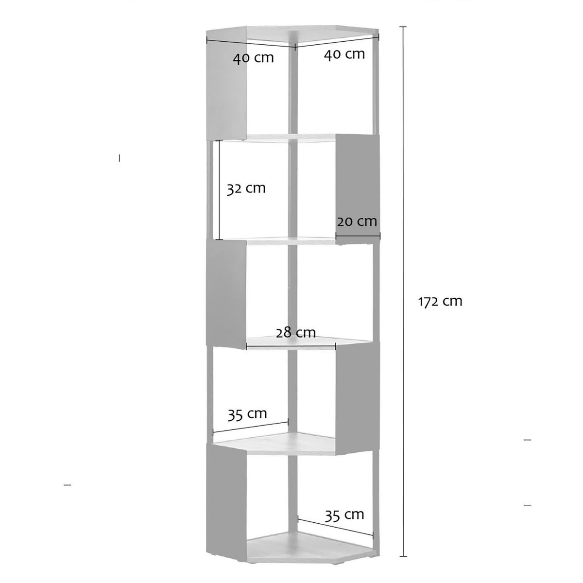 ECKREGAL mit 5 Ebenen und Seiten aus schwarzem Metall 40/172/40 cm - Eschefarben, Holzwerkstoff (40/172/44.5cm) - Calicosy