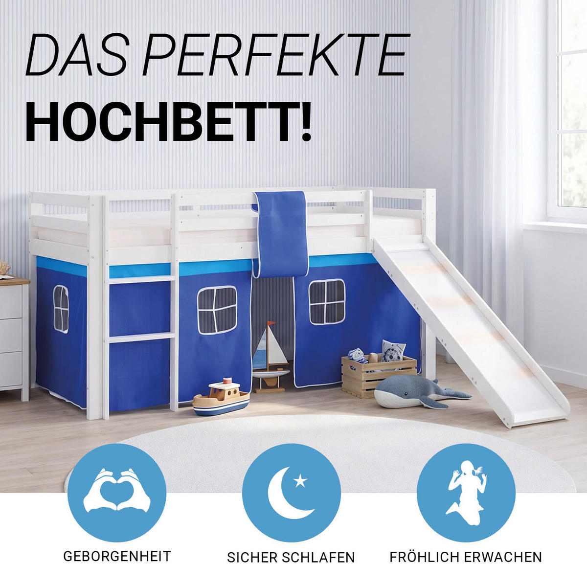HOCHBETT 90/200 cm Lattenrost BLAU mit Rutsche - Blau/Weiß, Holz - Homestyle4u