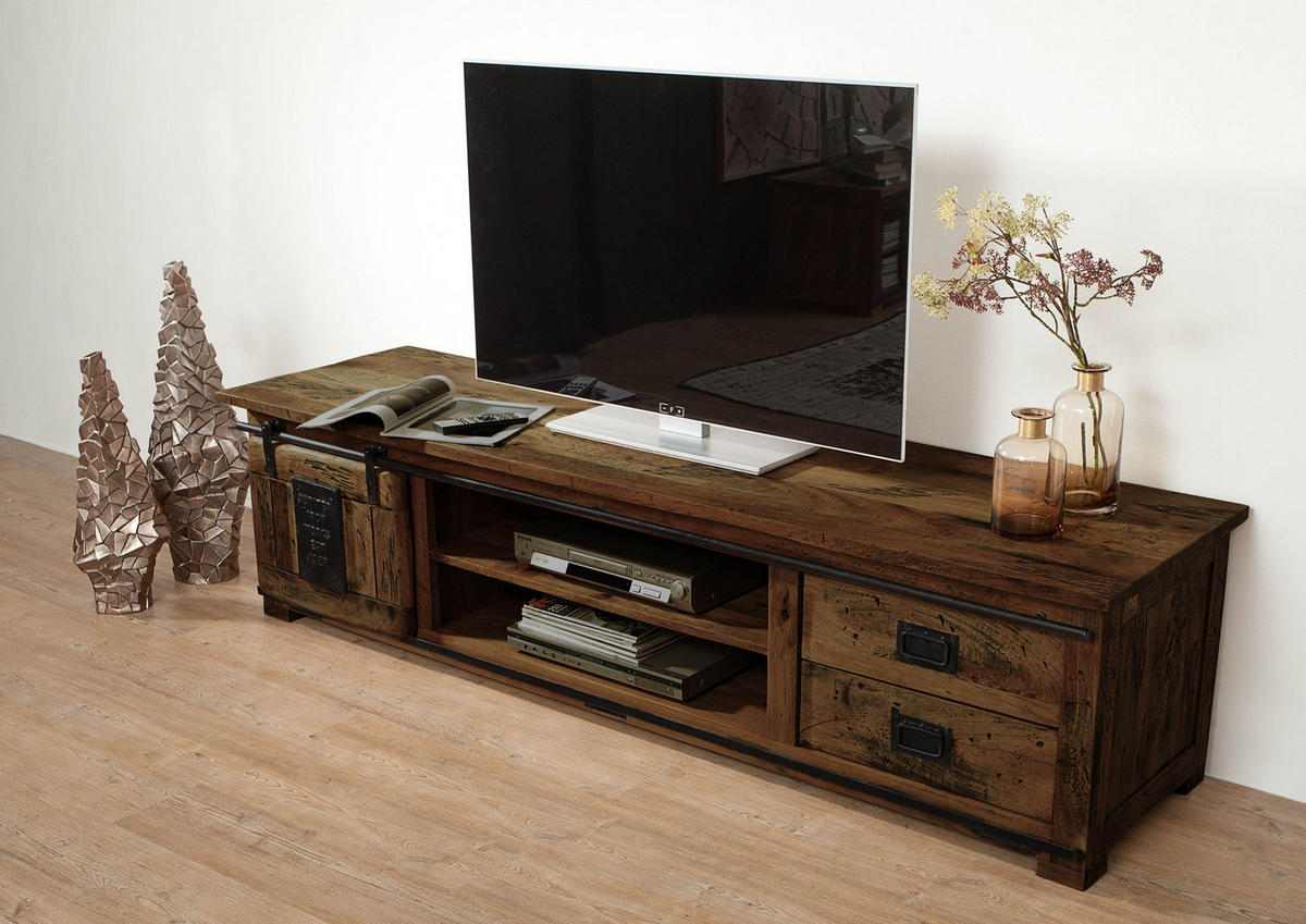 TV-BOARD Mango 200x55x50 braun lackiert RAILWAY #436 - Braun, Holz (200/50/55cm) - Massivmoebel24
