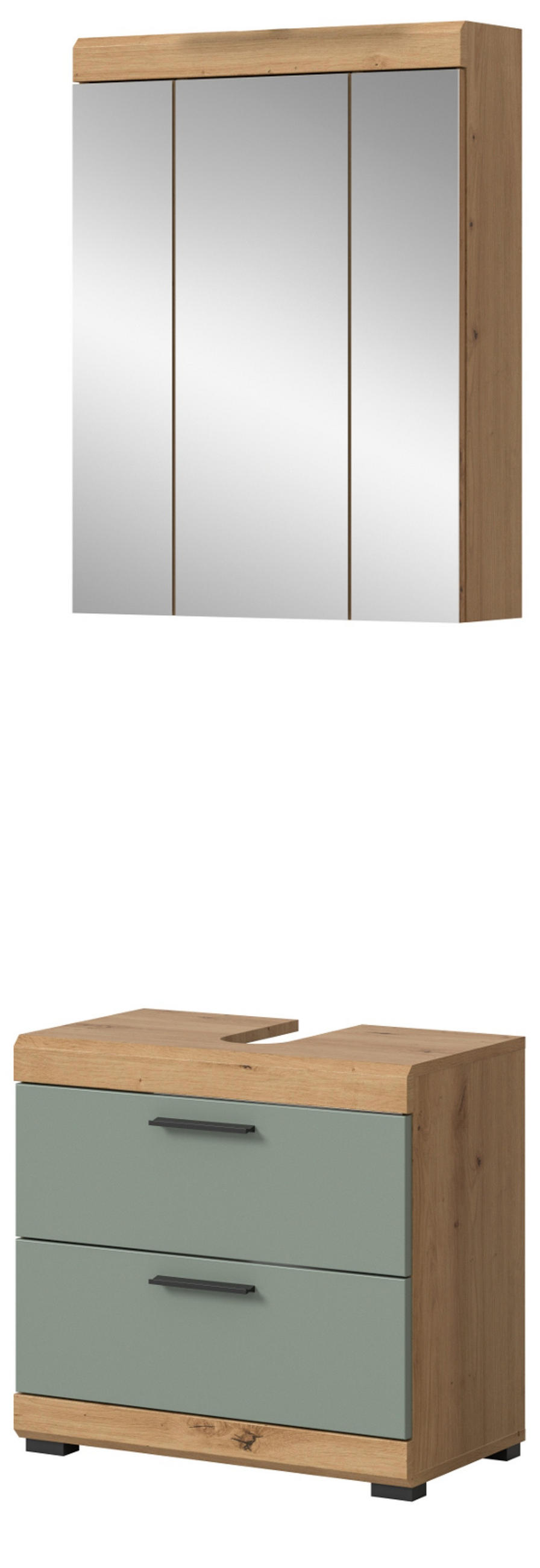 BADMÖBEL-SET Salbei grün, Eiche Artisan 2-teilig 60 cm, Kombination mit Spiegel - Salbeigrün/Schwarz, Glas/Holzwerkstoff (60/191/37cm) - Inn.Furn