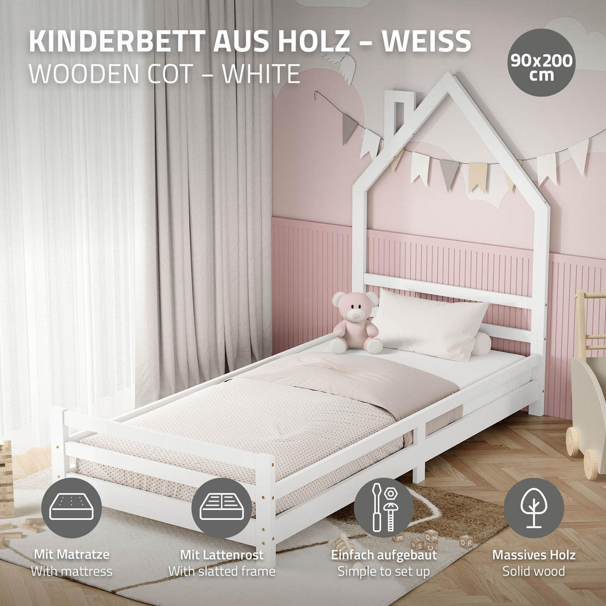 KINDERBETT Haus 90x200 cm mit Matratze Weiß Kiefernholz - Weiß, Holz (90/200cm) - ML-DESIGN