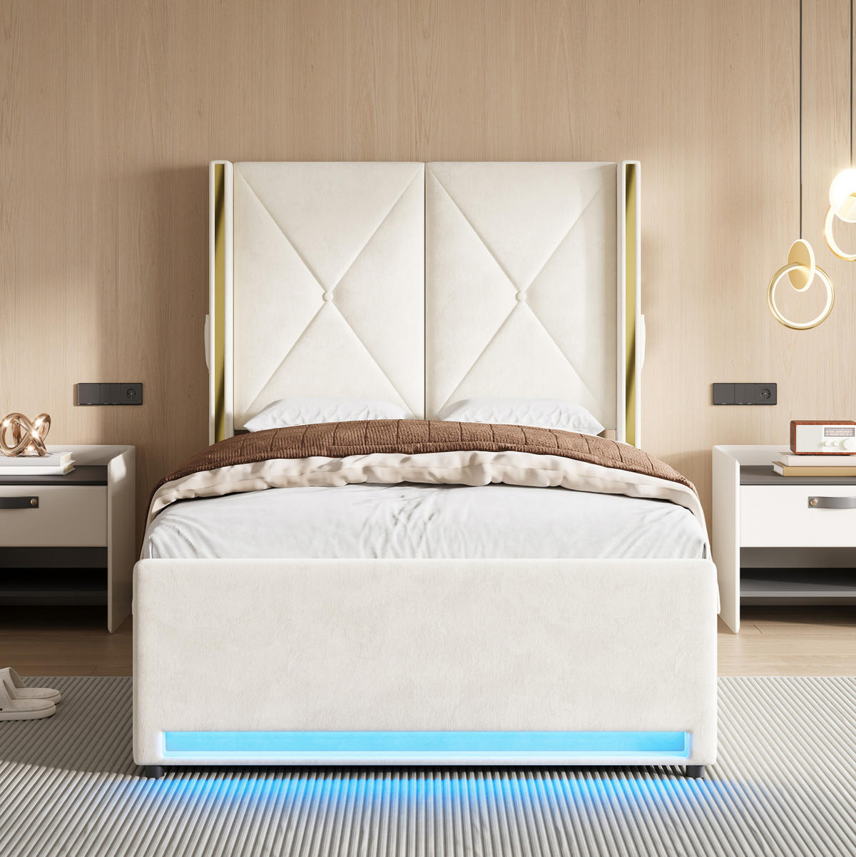 POLSTERBETT 90x200 cm in Beige mit Stauraum, LED und USB-/Type-C-Anschlüssen - Beige, Textil (90/200cm) - IVMEU