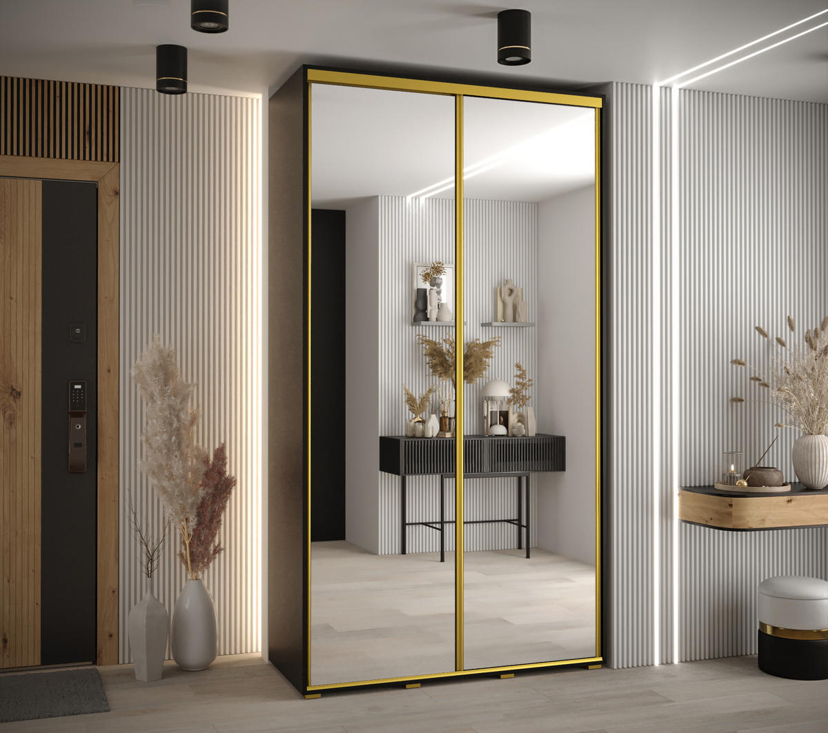 SCHWEBETÜRENSCHRANK 235,2/130/60 2-türig - Goldfarben/Schwarz, Holz/Metall (130/235/60cm) - Abiks Möbel