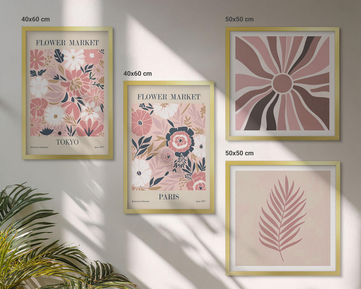 BILDER SET 4er Set - 50x50 cm & 40x60 cm Goldrahmen - Blumenmuster, Blätter, Geometrie - Goldfarben, Kunststoff (50/50cm) - TULUP