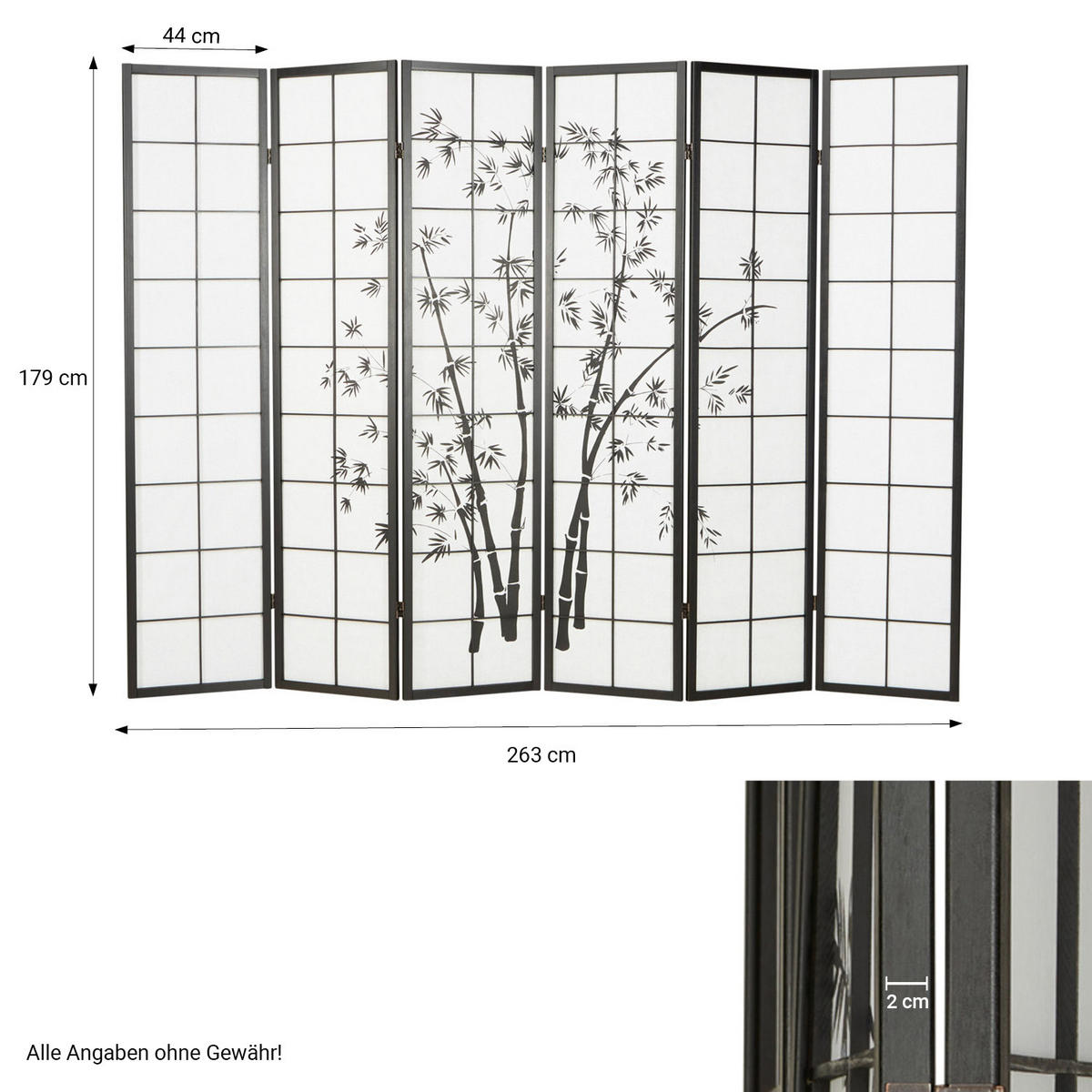 PARAVENT 6-tlg. 264/179 cm Schwarz Bambusmuster - Schwarz, Holz (264/179/2cm) - Homestyle4u