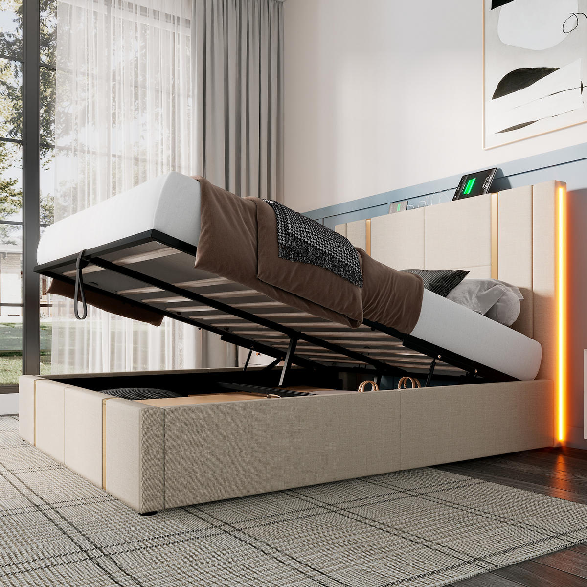 ČALÚNENÁ posteľ z ľanu 140x200 cm béžová s USB-C, LED osvetlením, úložným priestorom a matracom - béžová, textil (140/200cm) - Modfu