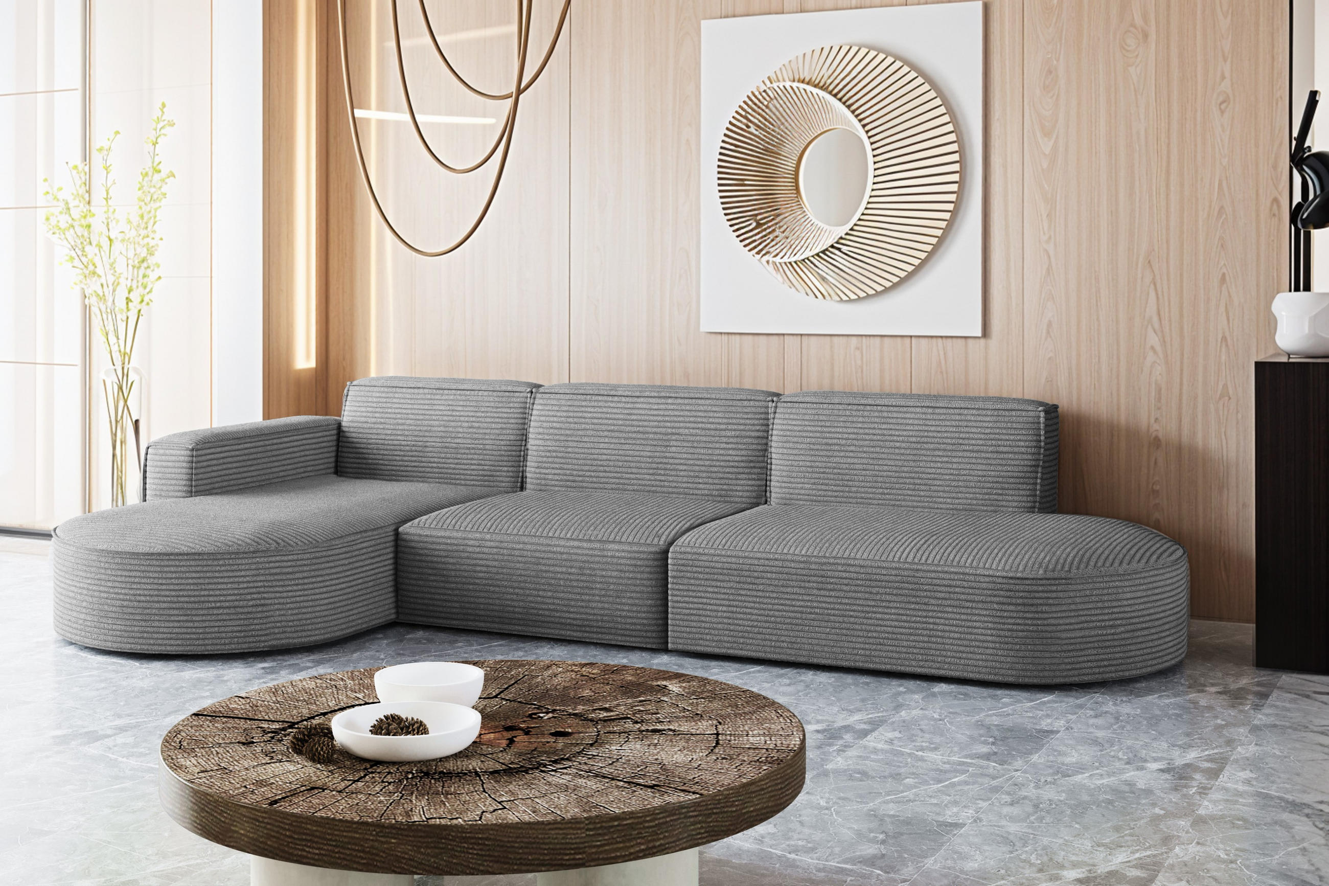 ECKSOFA Designer, Sofa L form MODENA 302 cm stoff Poso Grau Links - Grau, Holz (302/296cm) - Kaiser Möbel