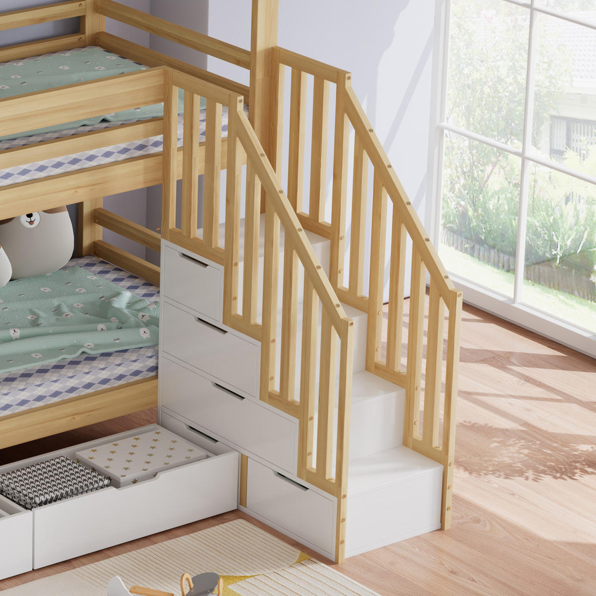 ETAGENBETT 90/200 cm in Weiß & Natur mit Stauraumtreppe und Schubladen - Naturfarben/Weiß, Holz/Holzwerkstoff (90/200cm) - WISHDOR