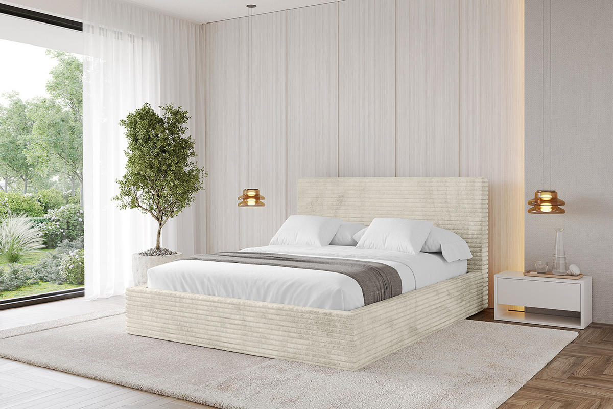 POLSTERBETT mit Bettkasten und Lattenrost, Bett mit Matratze H3/H4 - ALOVA - Beige, Holzwerkstoff/Textil (180/200cm) - ALTDECOR