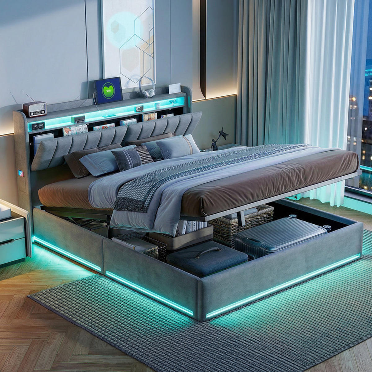 POLSTERBETT 140/200 cm grau mit Stauraum, LED und USB - Grau, Holz - SHOPENTRA