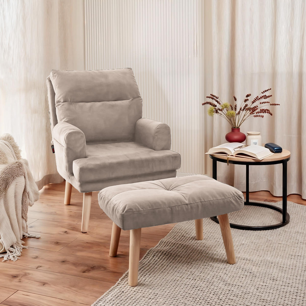 RELAXSESSEL NEMO mit Hocker und Holzfüßen - Beige, Holz (65/95/65cm) - Idohome
