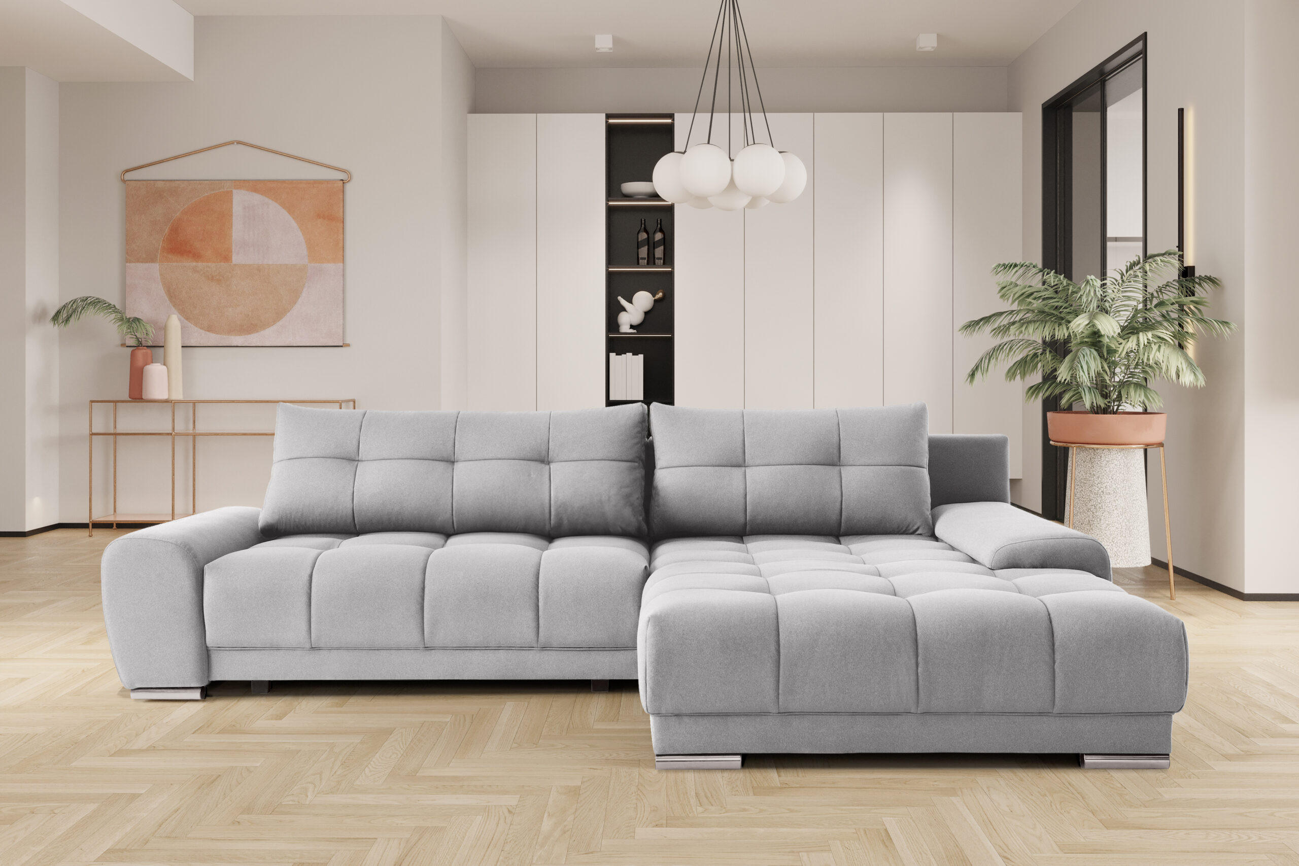 ECKSOFA WAVE Mit Schlaffunktion, Stoff SORO, Hellgrau Rechts - Hellgrau, Holz (281/105cm) - Kaiser Möbel