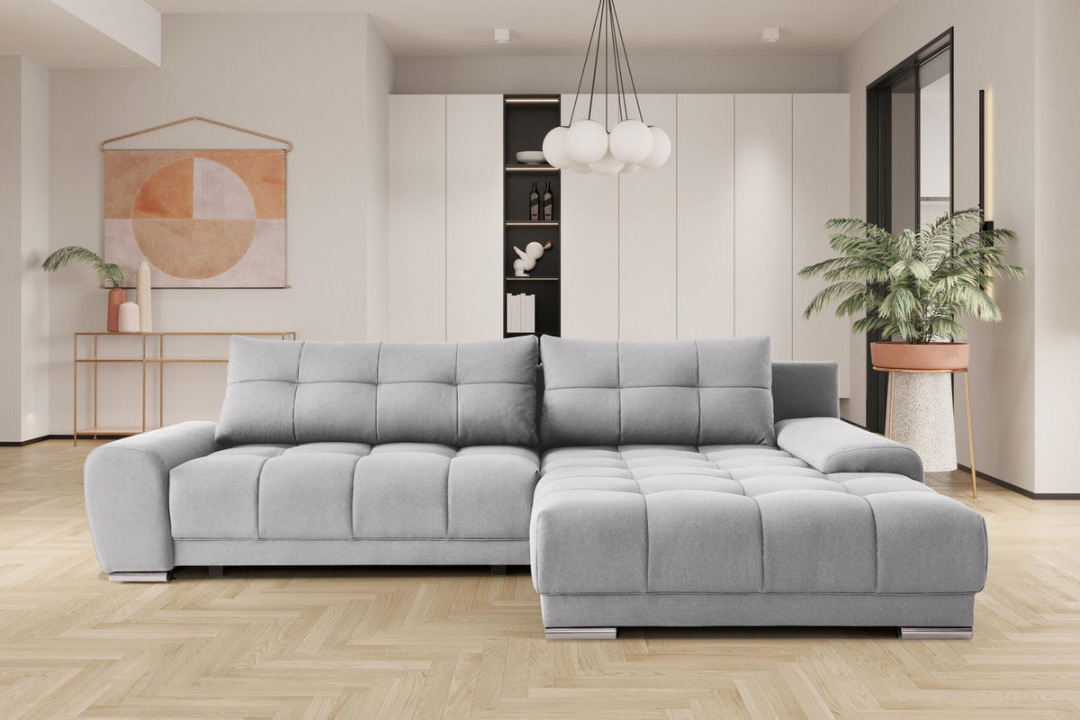 ECKSOFA WAVE Mit Schlaffunktion, Stoff SORO, Hellgrau Rechts - Hellgrau, Holz (281/105cm) - Kaiser Möbel