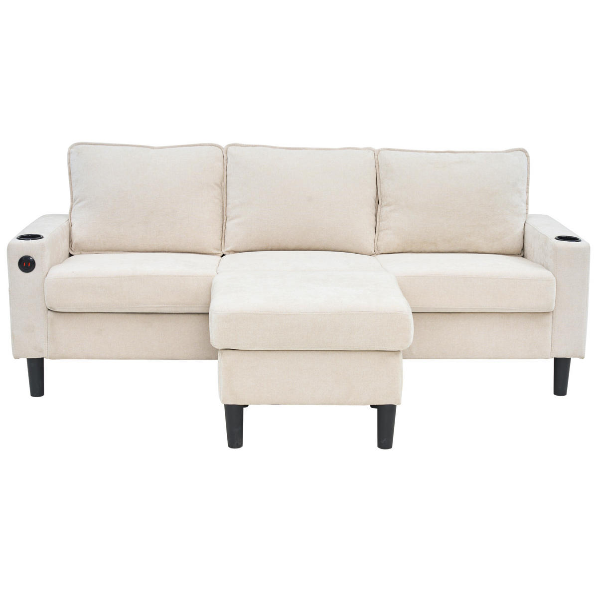 ECKSOFA L-Form 3-Sitzer mit zwei Getränkehaltern und USB und Typ-C-Anschlüssen Beige 202/137/80 cm - Beige, Textil (202/137cm) - OKWISH