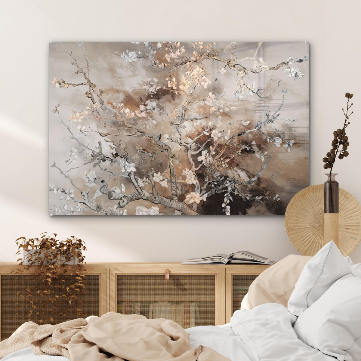 ACRYLGLASBILD Mandelblüte - Kunst - Van Gogh - Beige - Abstrakt 120x80 cm - Braun, Glas (120/80cm) - MuchoWow