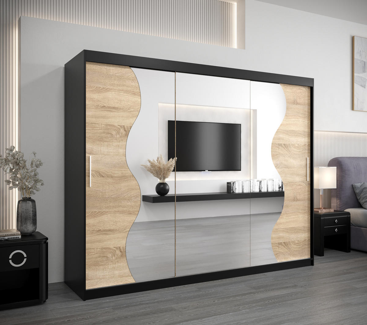 SCHWEBETÜRENSCHRANK 200/250/62 3-türig - Silberfarben/Schwarz, Holz/Kunststoff (250/200/62cm) - Abiks Möbel