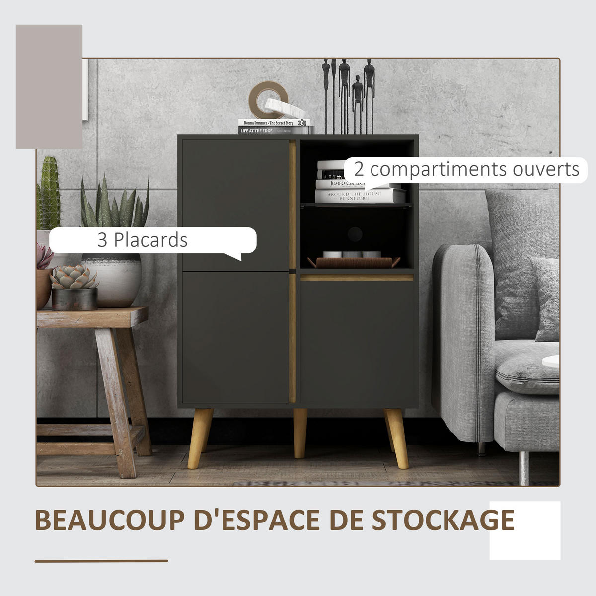 SIDEBOARD DE-11056 Verstellbare Böden & Massivholzfüße Dunkelgrau - Dunkelgrau, Holzwerkstoff (70/96.1/40cm) - ComfortXL