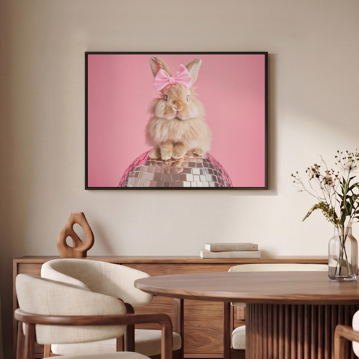 LEINWAND Bilder mit Rahmen - Schleife - Discoball - Kaninchen - 70x50 - Pink, Textil (70/50cm) - MuchoWow