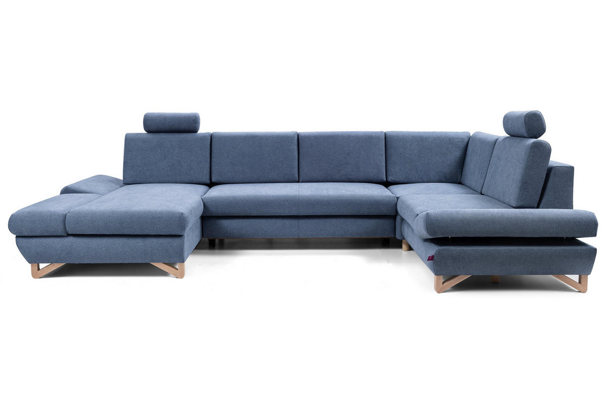 WOHNLANDSCHAFT CASA IV R-S Blau Plüsch-Stoff mit Schlaffunktion - Blau, Holz (344/100/199cm) - MASSENO