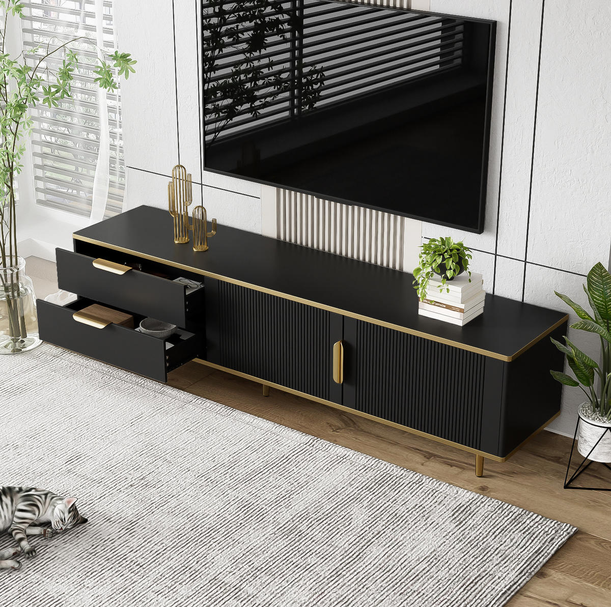 TV omarica 170/45/37 cm z 2 predaloma, 2 vrati in izrezljanimi frontami iz MDF in ivernih plošč, Črna in zlata - črna, leseni material (170/45/37cm) - Redom